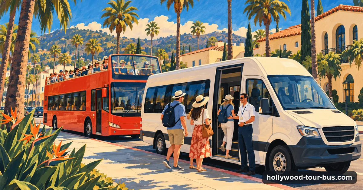 Illustration of a small tour minibus and an open-top bus parked on a sunny Hollywood street with palm trees