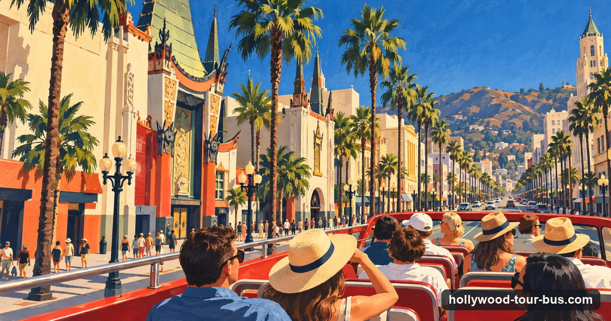 Illustration of tourists on the open top deck of a sightseeing bus on Hollywood Boulevard