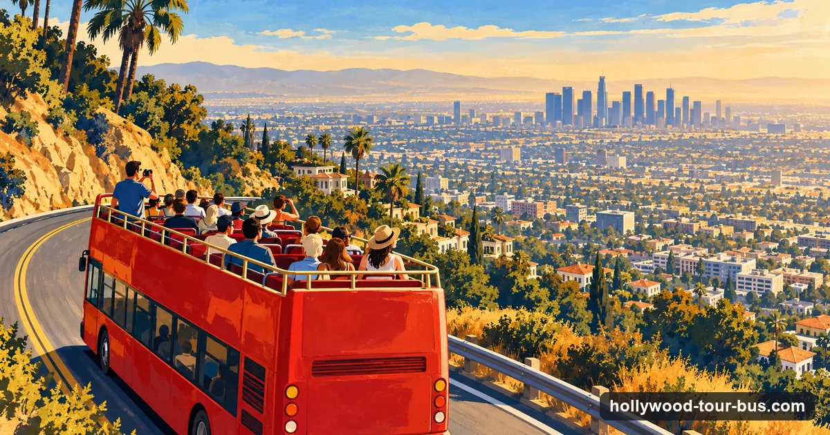 Illustration of an open-top tour bus on a winding road high in the Hollywood Hills with the city spread out below