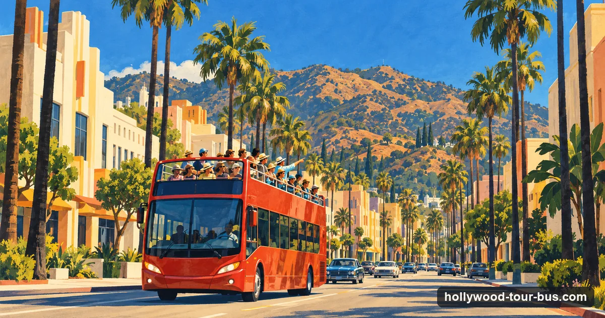Illustration of an open-top tour bus on a palm-lined Hollywood street with the Hollywood Hills behind