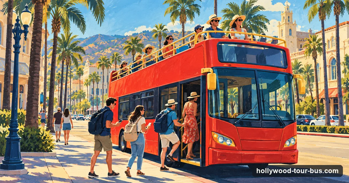 Illustration of a red open-top double-decker sightseeing bus at a palm-lined stop in Los Angeles