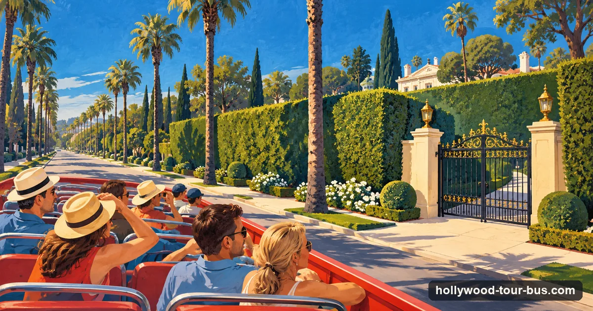Illustration of a sightseeing bus passing a tall hedge and gate on a quiet Beverly Hills street lined with palm trees