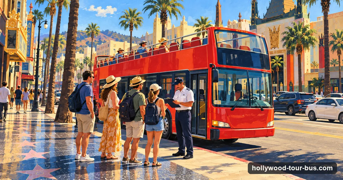 Illustration of tourists waiting at the curb beside an open-top bus on a busy Hollywood street with palm trees